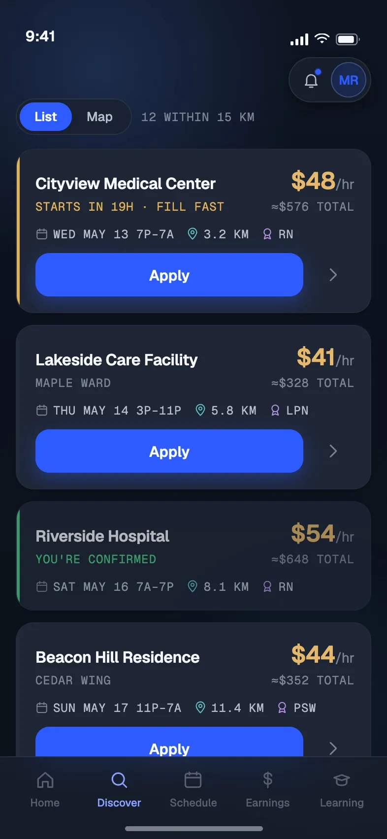 Shift list with hourly rate, distance and credential on each card