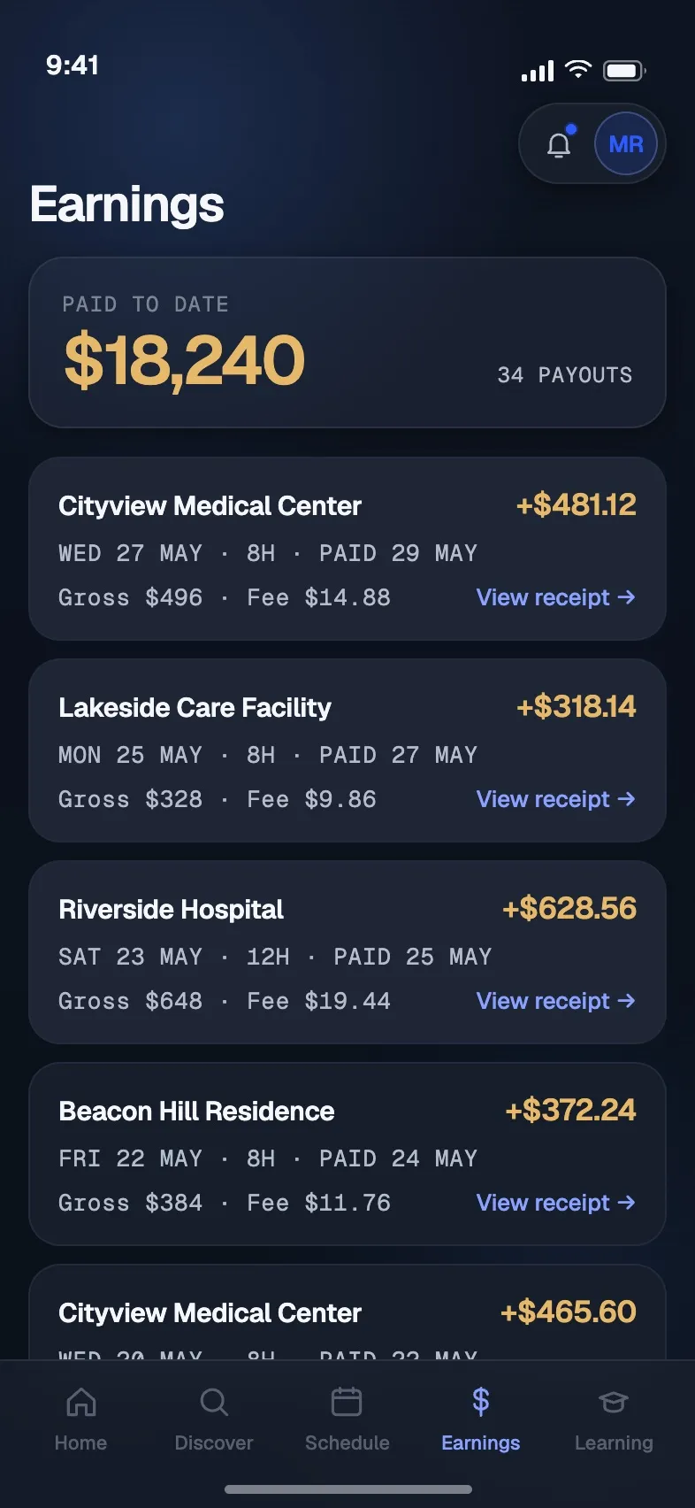 Earnings screen showing gross, platform fee and payout date for each completed shift