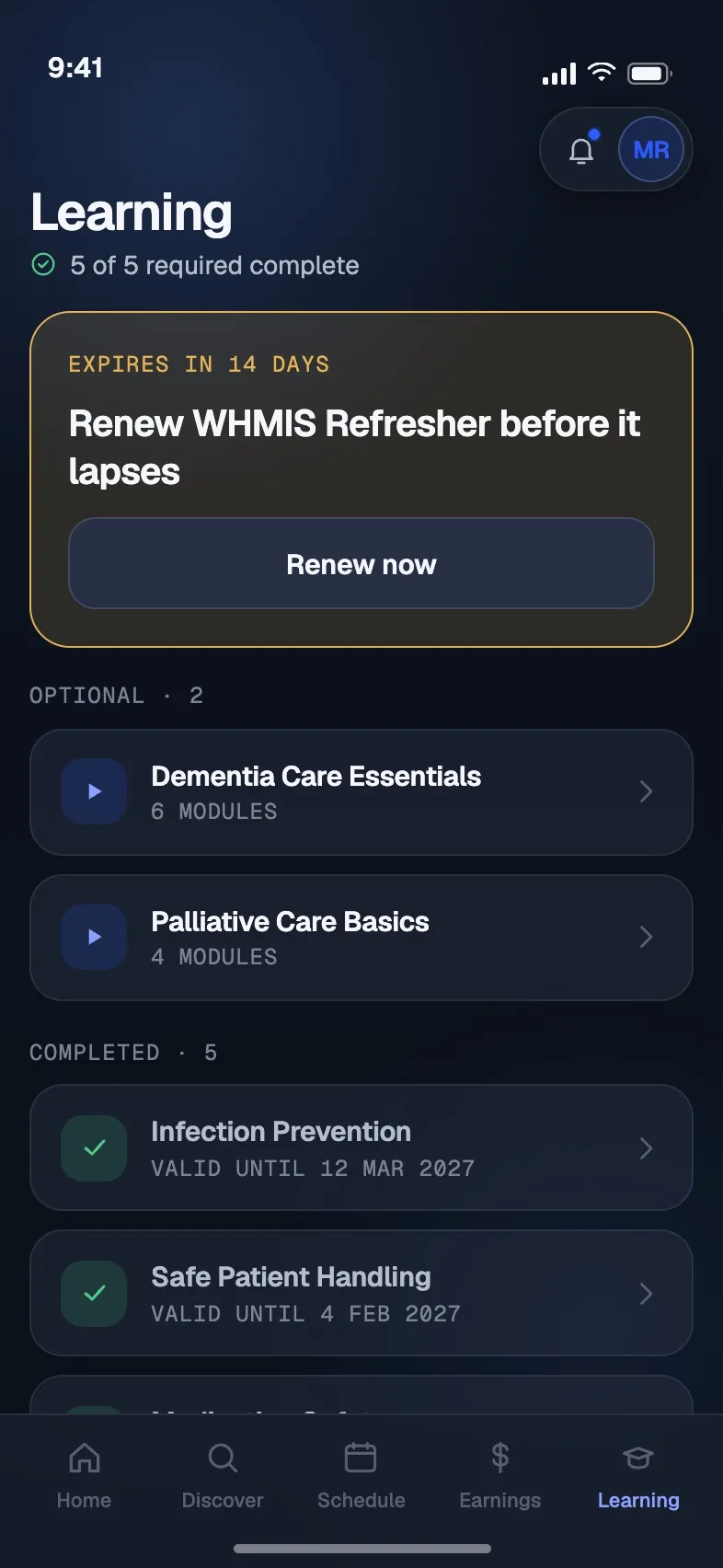 Learning screen tracking required course progress with an expiring renewal flagged