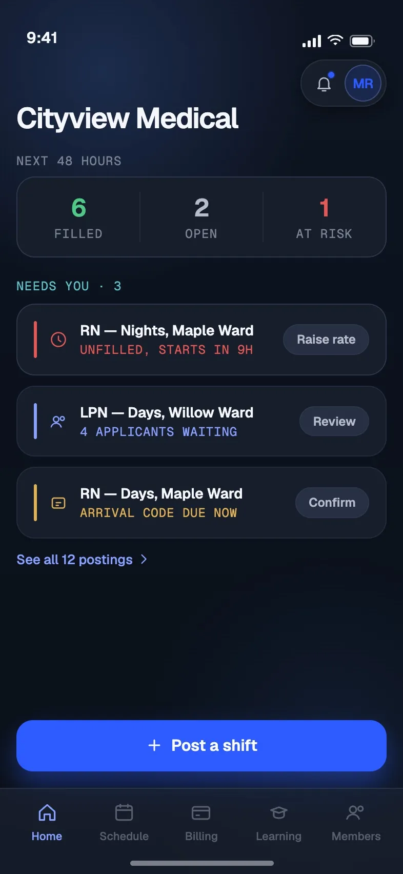 Facility home screen showing filled, open and at-risk shifts for the next 48 hours