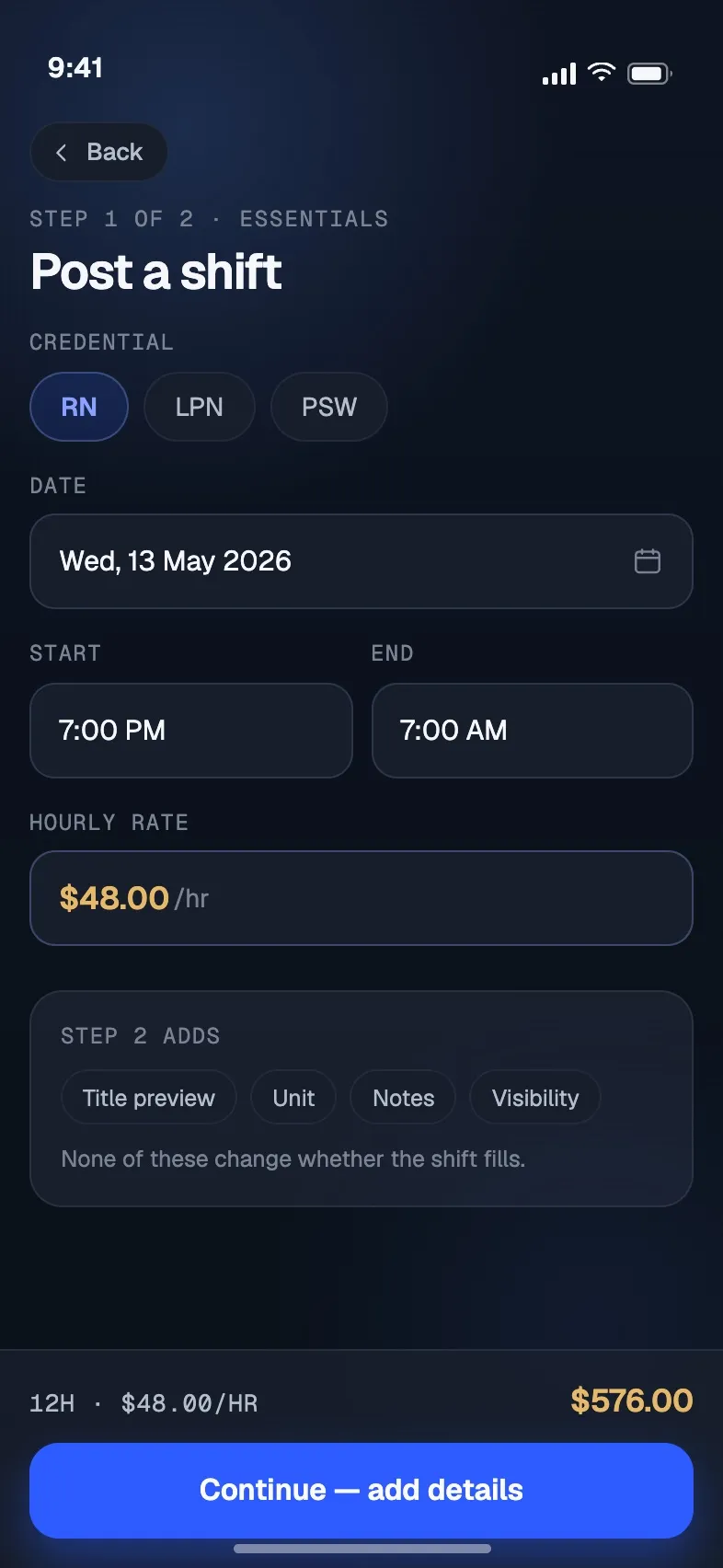 Posting a shift: credential, ward, date, time window and hourly rate