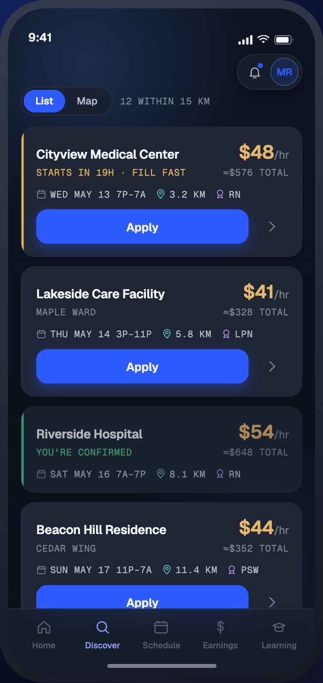 Shiftmark shift list showing hourly rate, distance and credential for each open shift