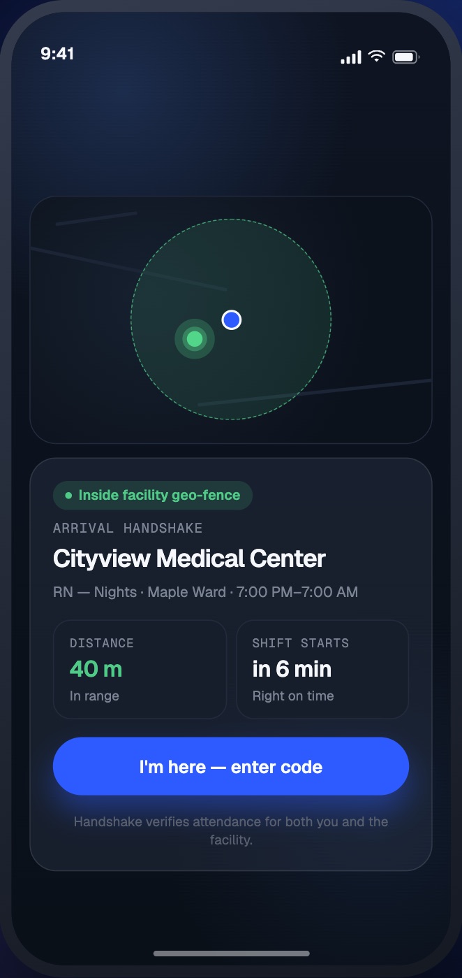 Shiftmark arrival handshake screen with distance to the facility and a confirm button