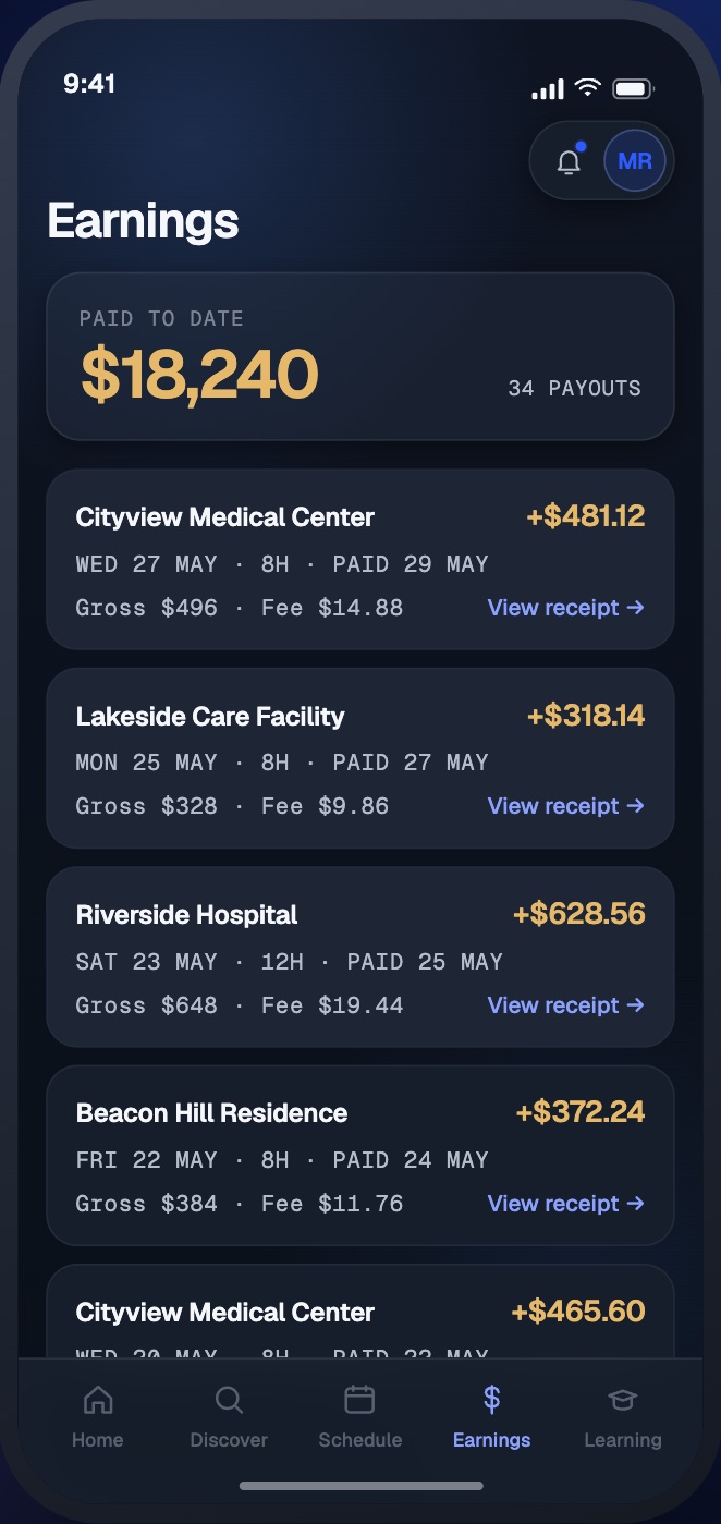Earnings screen listing each payout named for the shift that earned it