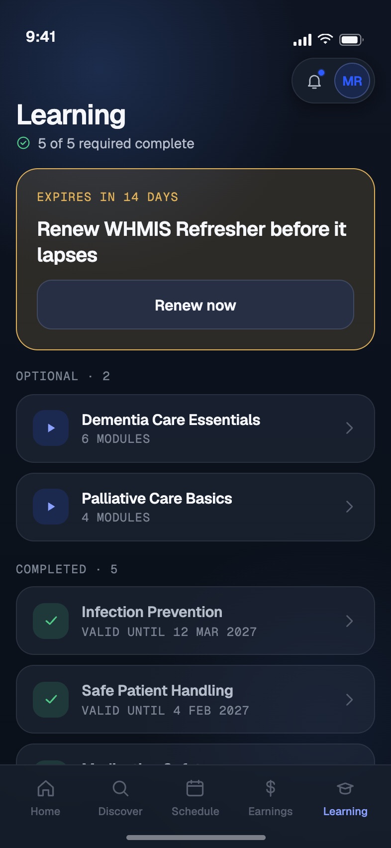 Learning screen tracking required course progress with an expiring renewal flagged