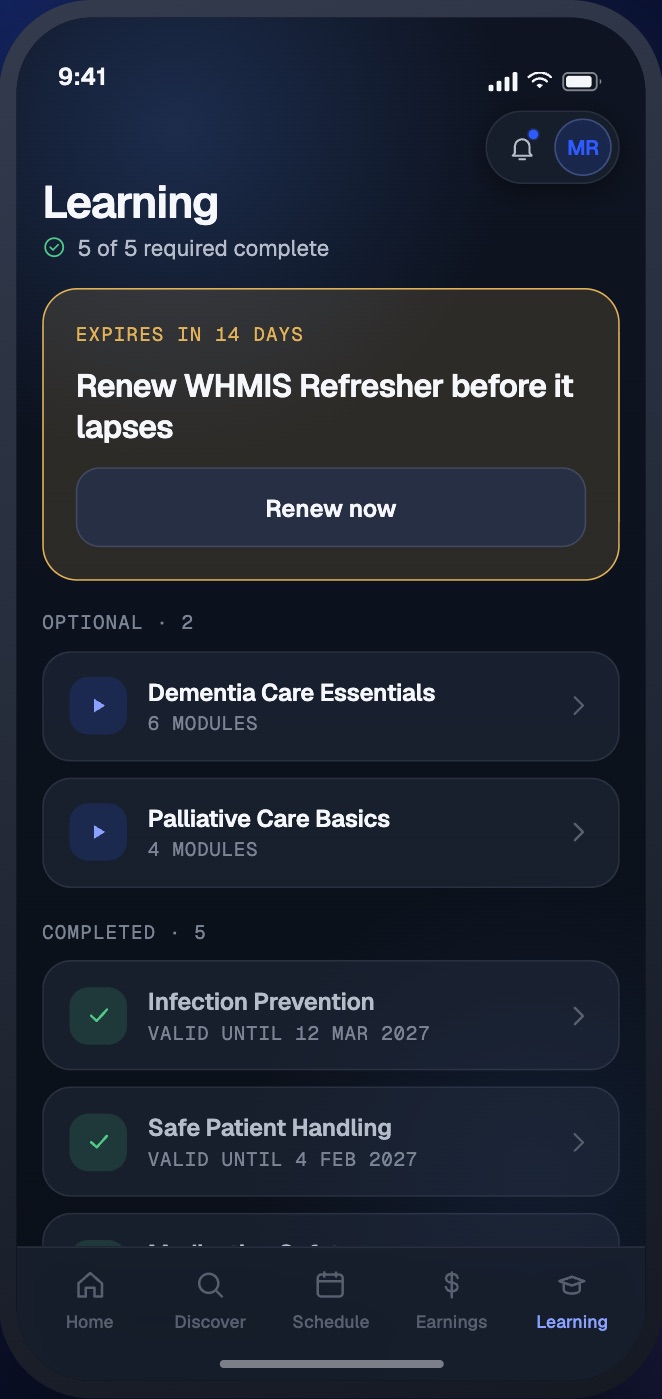 Learning screen tracking mandatory course progress and credential renewals