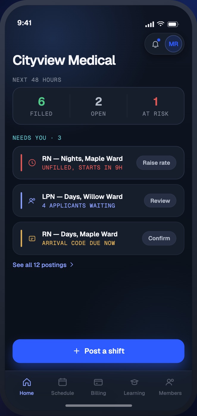 Shiftmark facility home screen showing filled, open and at-risk shifts for the next 48 hours